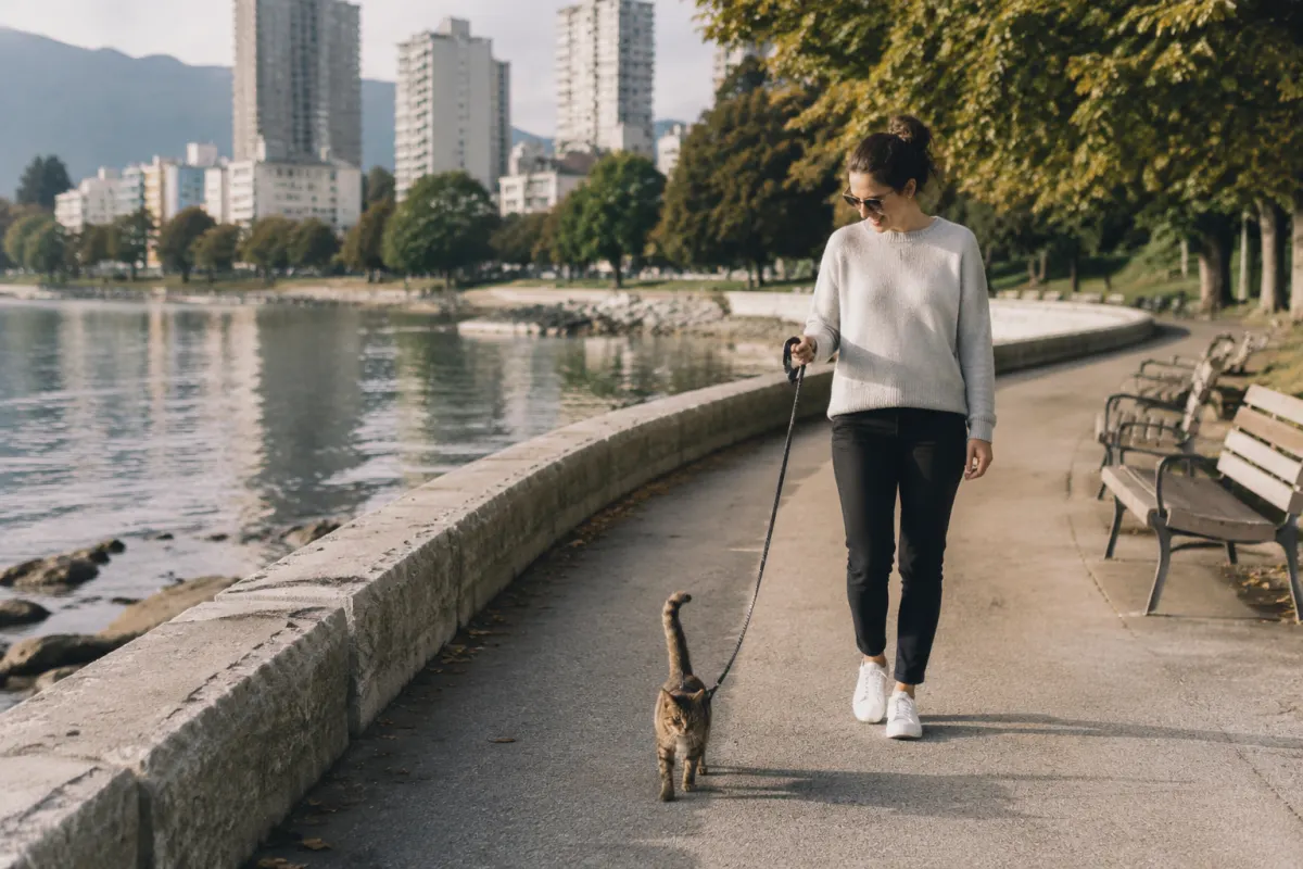 A generic curved concrete waterfront promenade along a calm cove with a person beside a small harnessed cat.