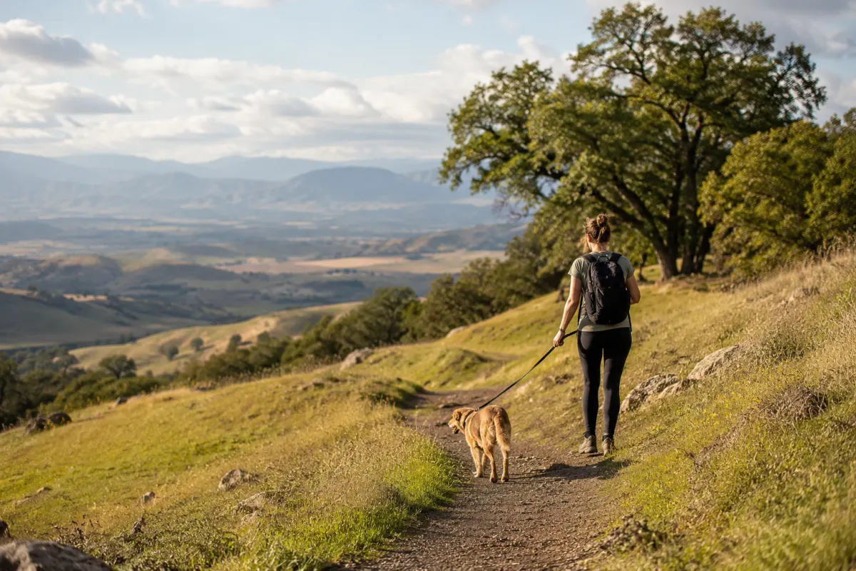 A generic rolling grassland trail with scattered oaks and a dog on leash.