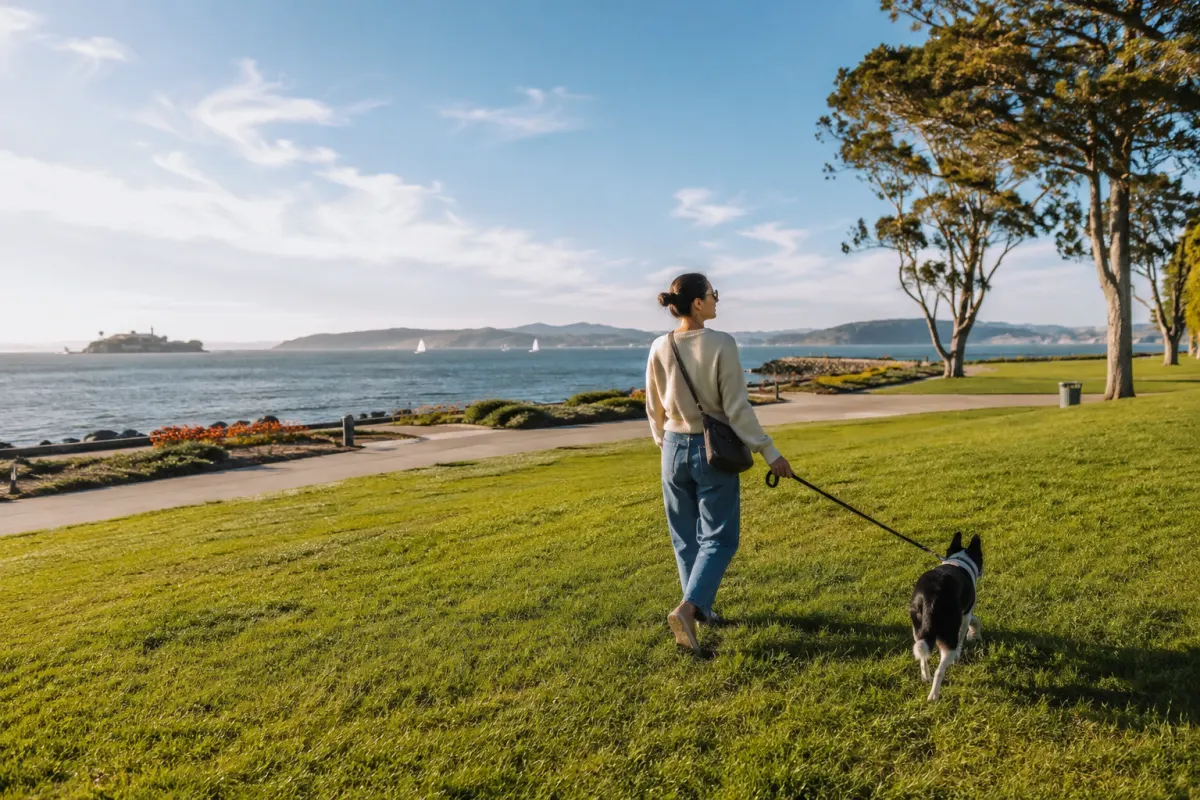 A generic open bayside lawn with paved paths and a dog walking beside its person.