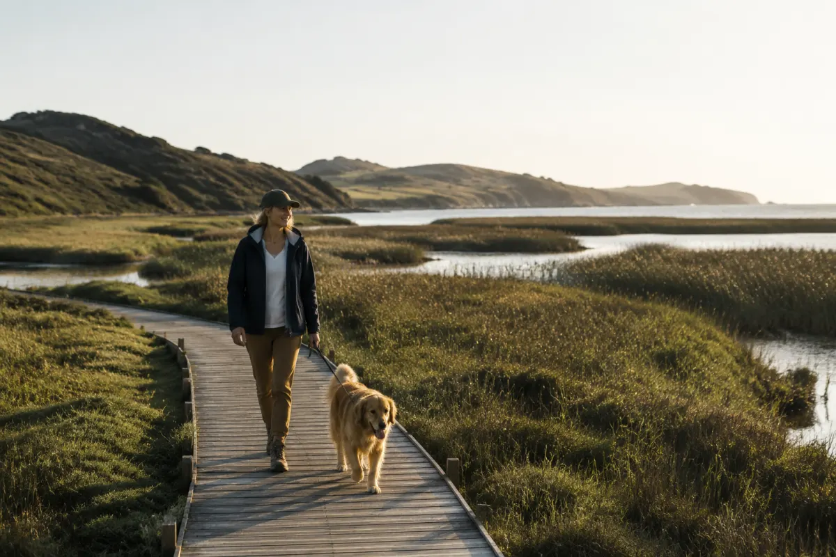 A generic open bayside grassland with a paved path, distant hills, and a leashed dog.