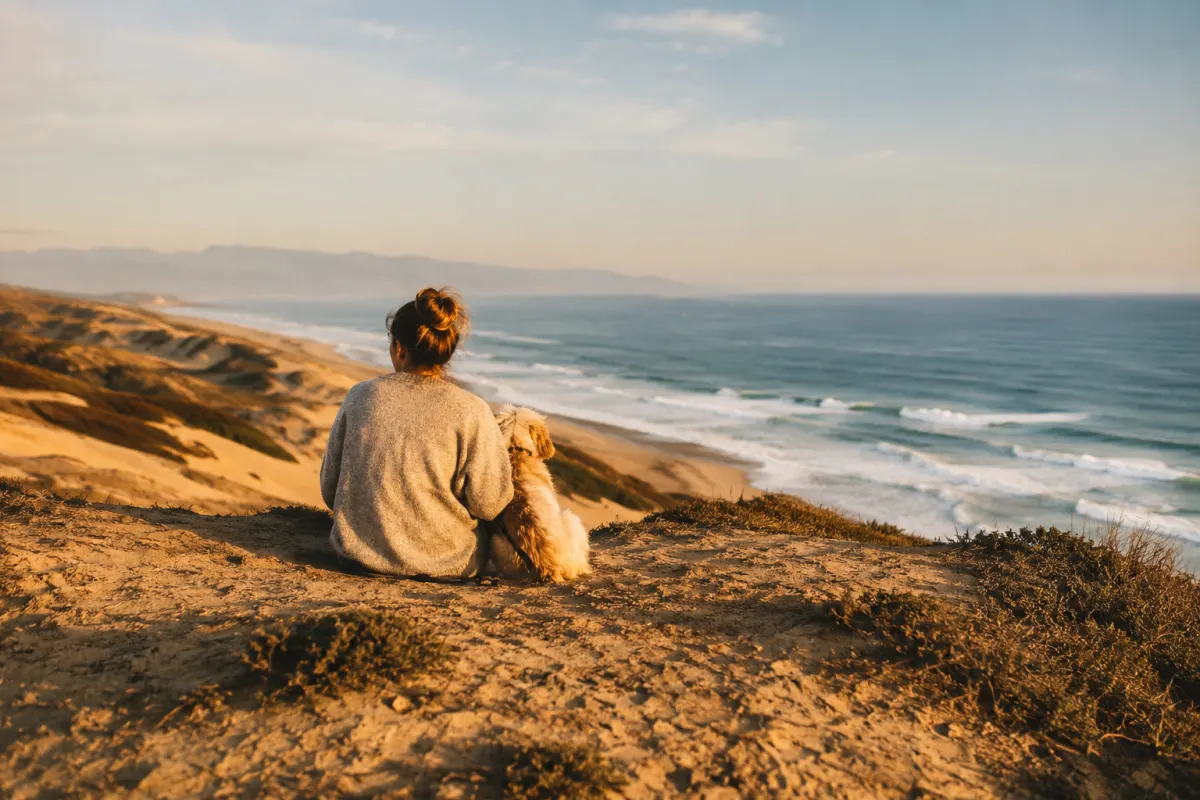 A generic windswept coastal dune scene with a person and a dog above open water.