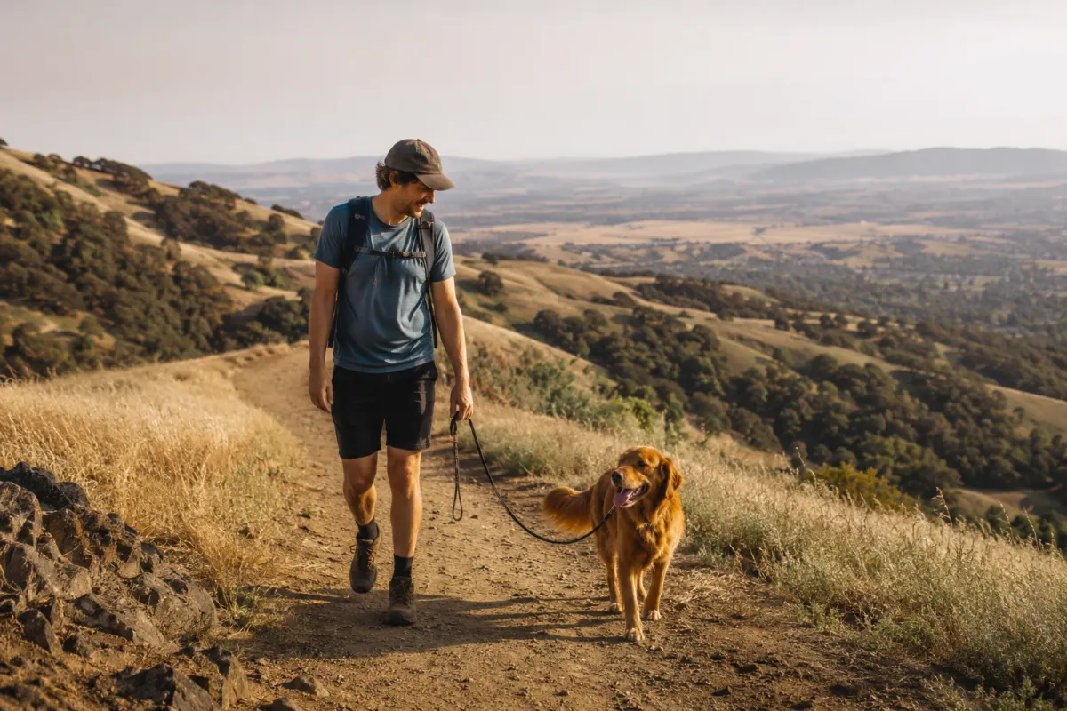 A generic foothill trail through dry grass and shaded oak woodland.