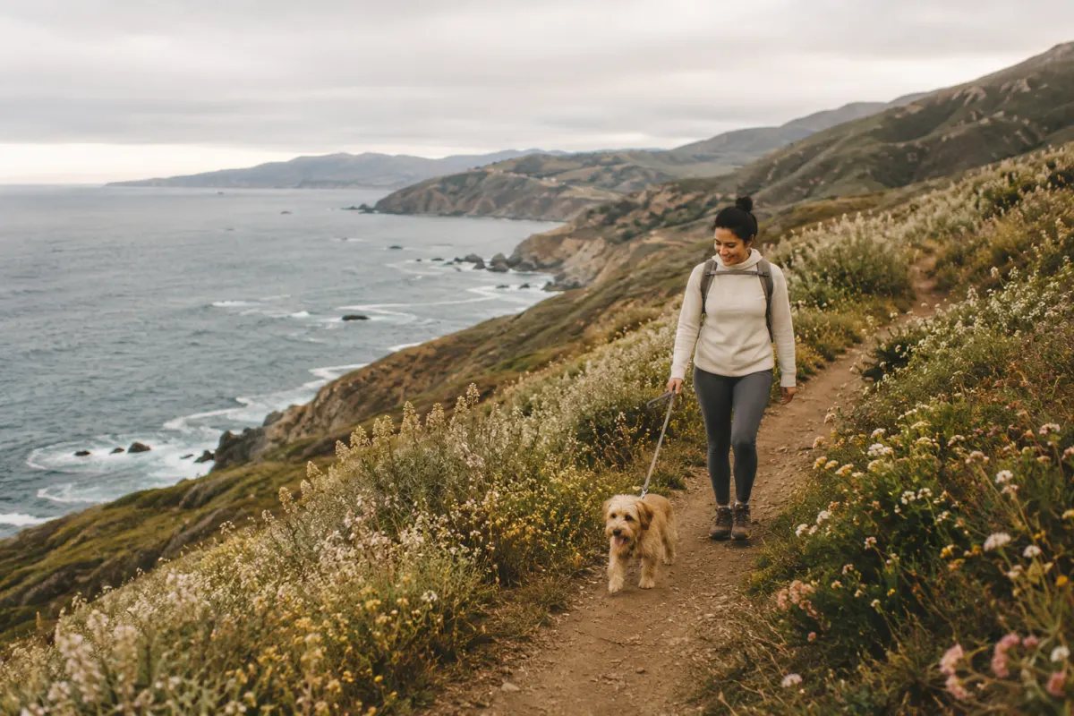 A generic breezy Bay Area shoreline path with open water and a leashed dog.