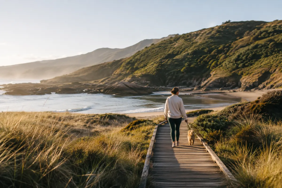 A generic sheltered coastal cove with a low boardwalk over dunes and a leashed dog.