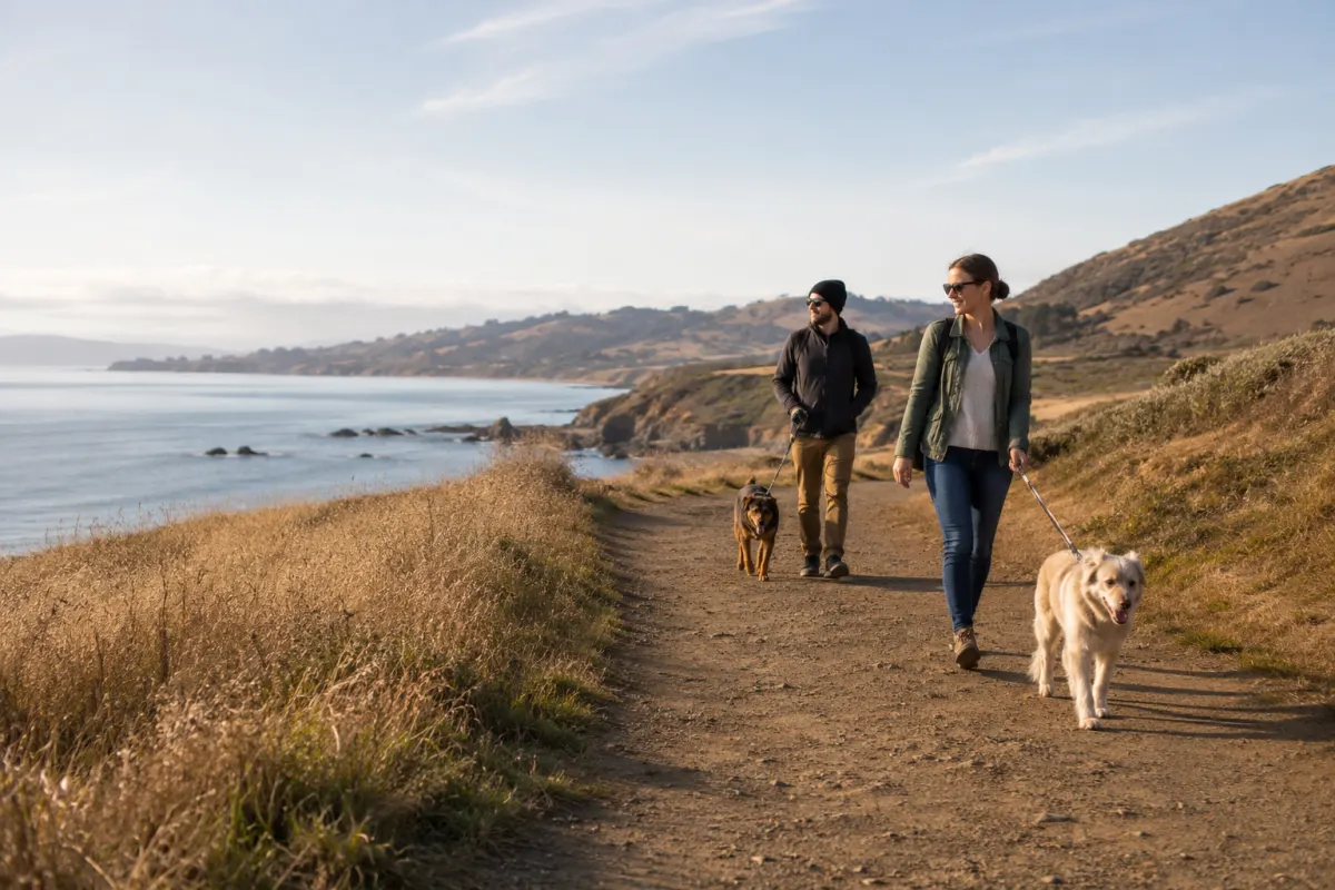 A generic wide shoreline trail beside open bay water and low grasses.
