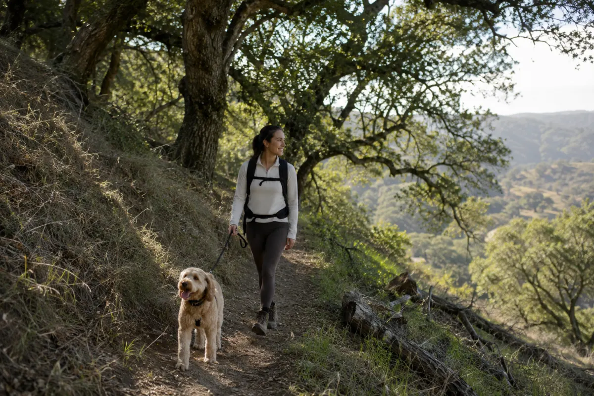A generic oak-woodland footpath with soft shade and a leashed dog.