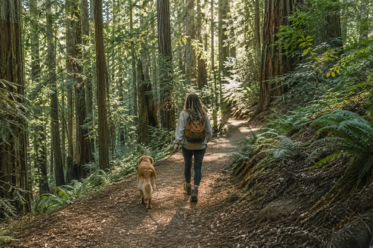 A generic shaded Northern California woodland trail with a leashed dog.