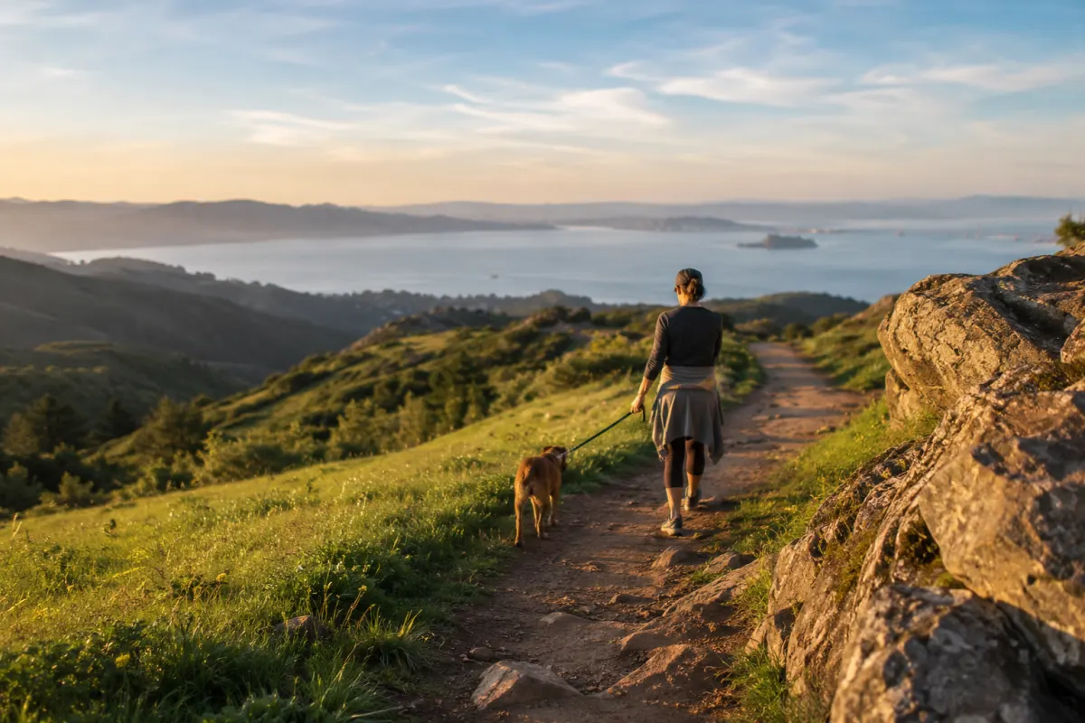 A generic open hillside preserve with a signed trail and a leashed dog.