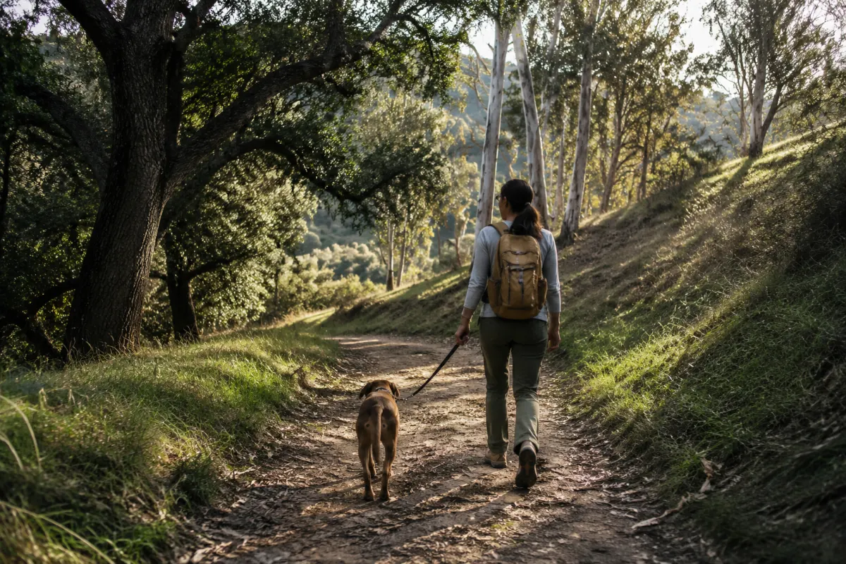 A generic shaded woodland trail through oak-and-eucalyptus hills with a dog on leash.