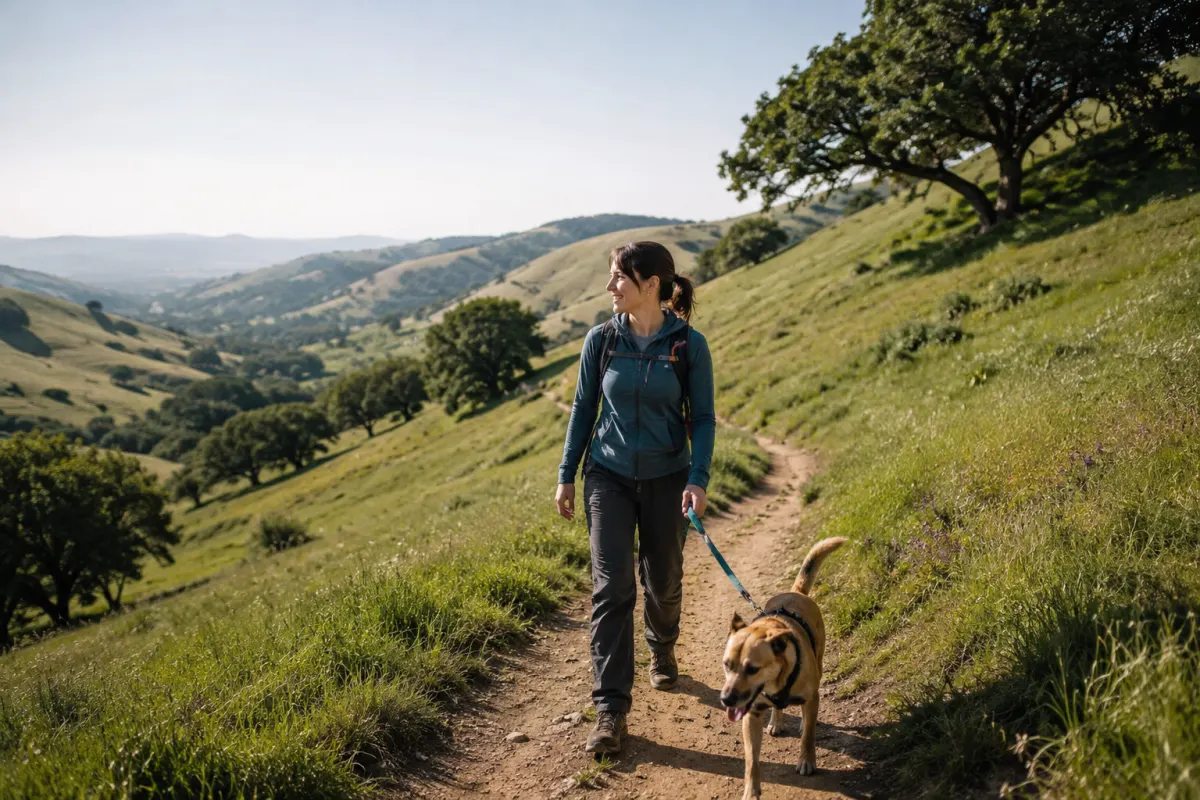 A generic rolling canyon trail through open grassland and scattered trees.