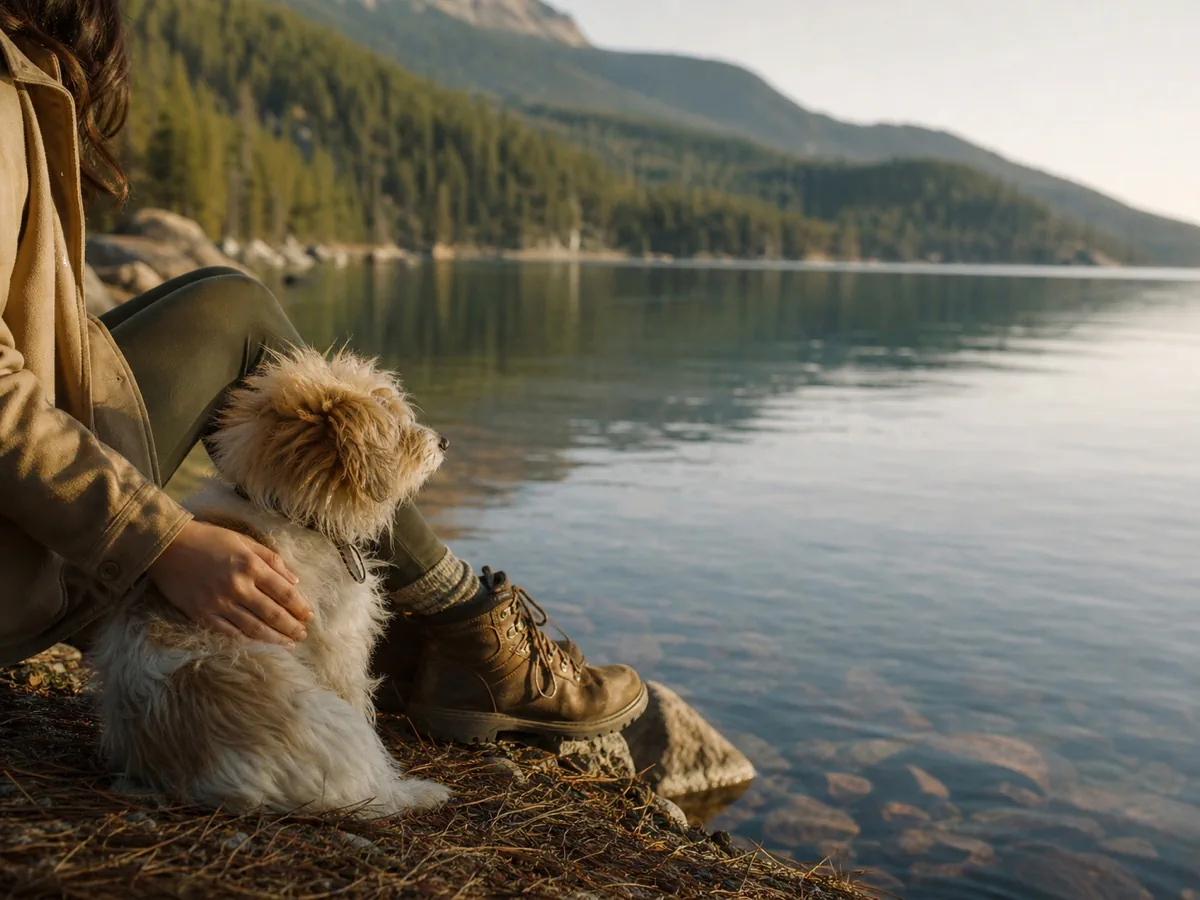 A dog leans into the breeze beside a quiet lake while its person rests close by.