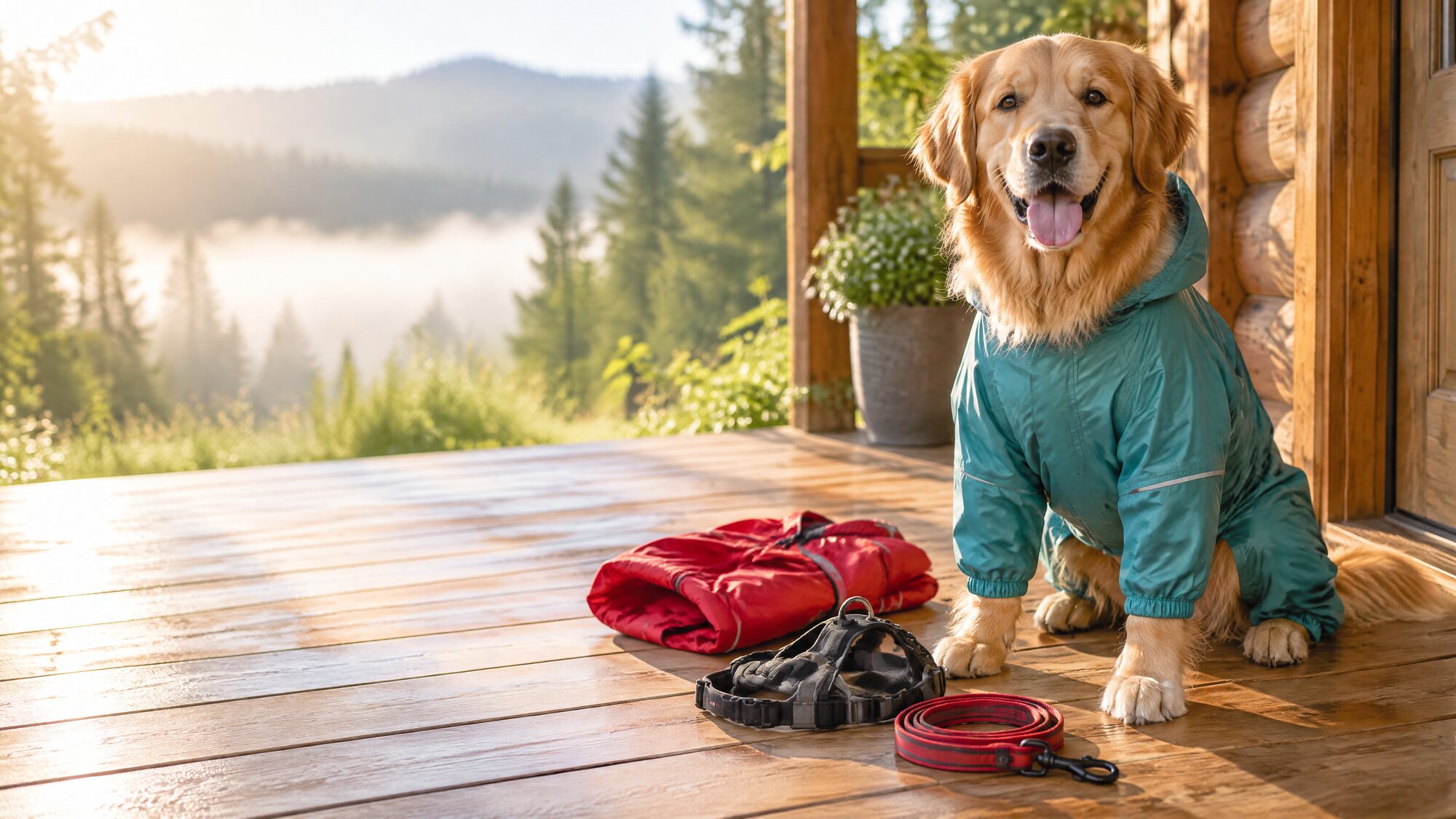 A golden retriever in a teal rain suit sits smiling on a sunlit cabin porch after the rain, a folded red rain suit, a harness and a leash laid out beside it.