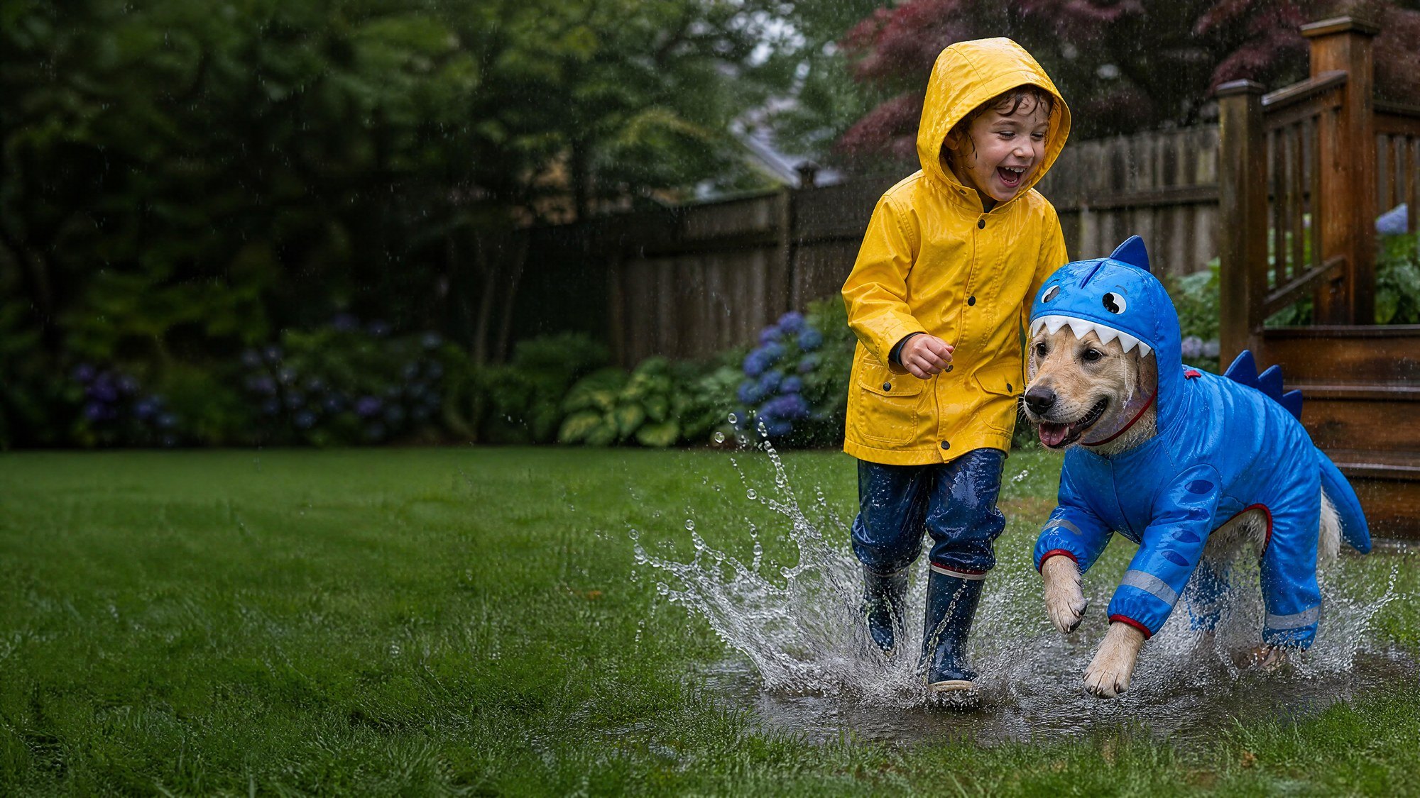 A dog in a hooded rain suit splashes through a puddle on a wet trail.