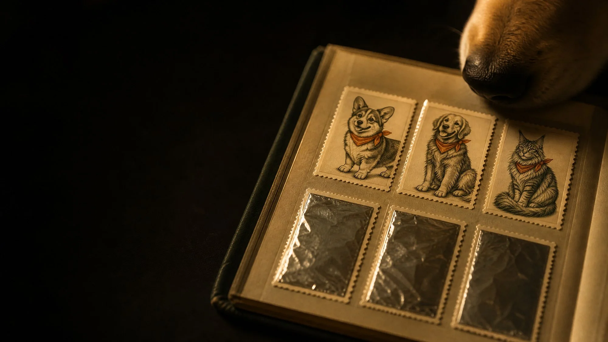 An open stamp album on a dark table, half of its engraved animal stamps scratched open, a dog lowering its nose to sniff one.