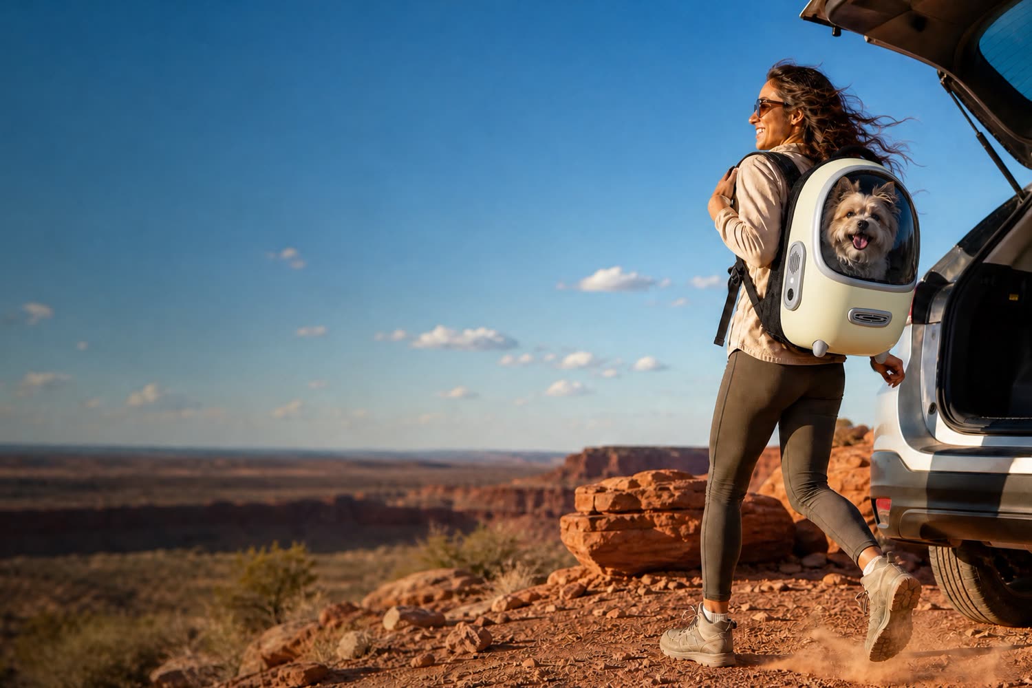 A small dog looks out from a capsule backpack carrier beside a car trunk at a canyon overlook.