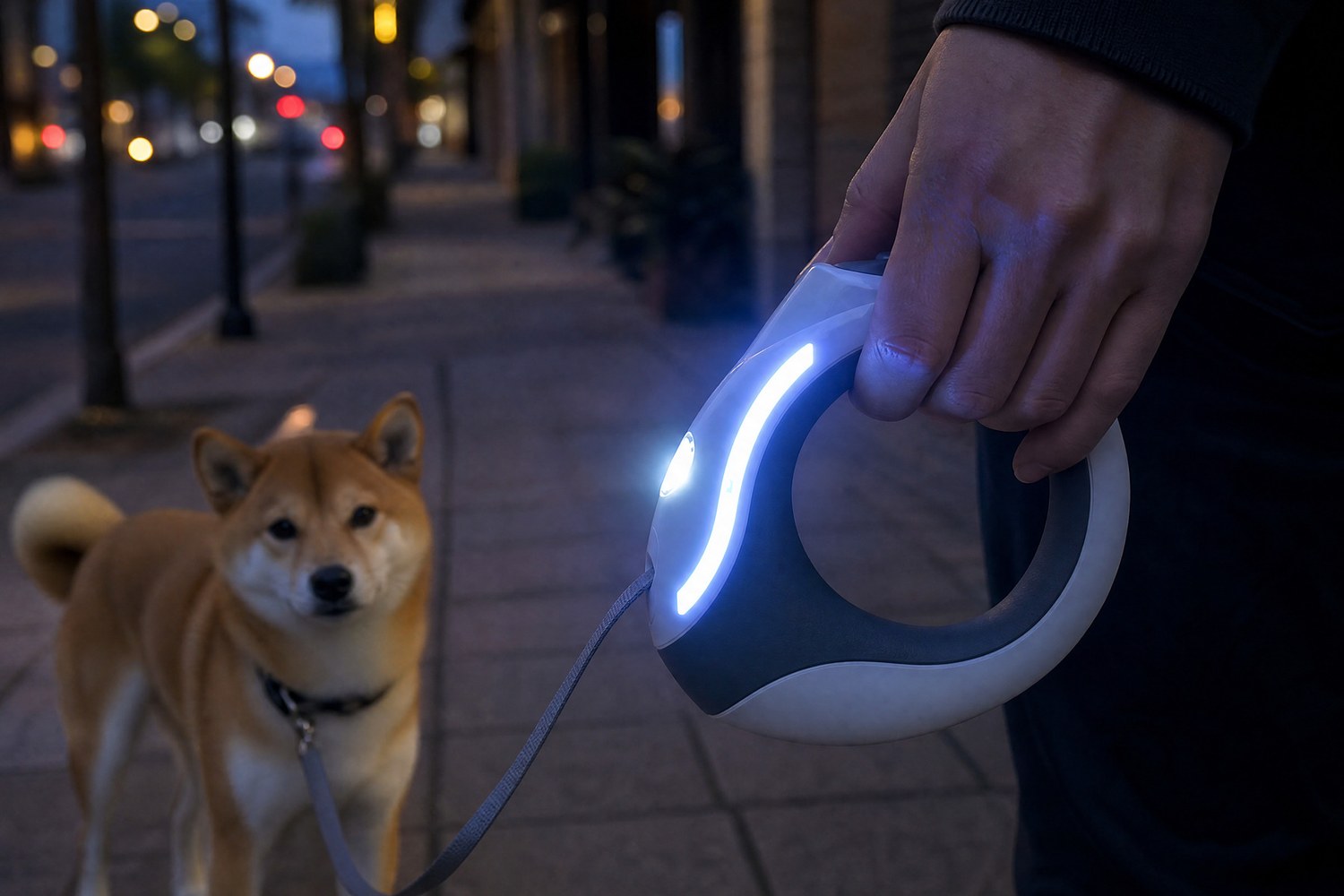 A hand holds a glowing ring-handle retractable leash while a dog waits on a dusk sidewalk.