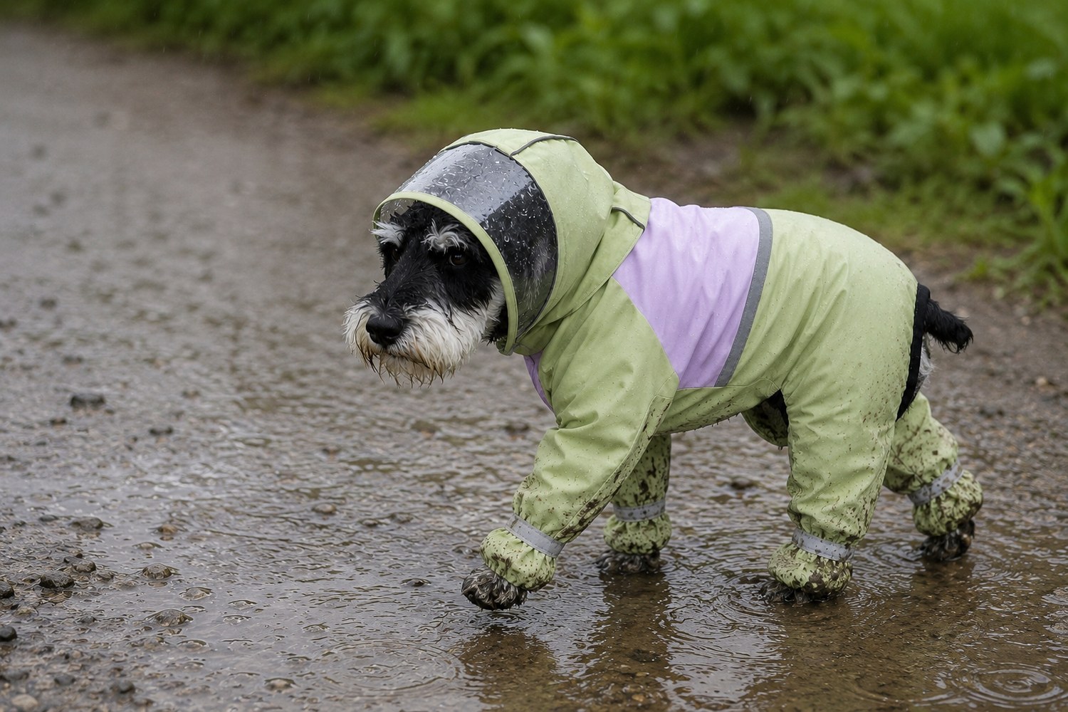 A small dog in a full-cover green rain suit walks a wet park path in the rain.