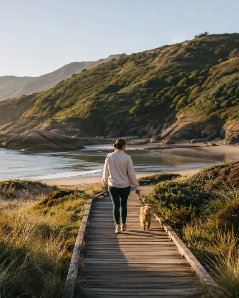 A boardwalk through dune grass leading down to a beach