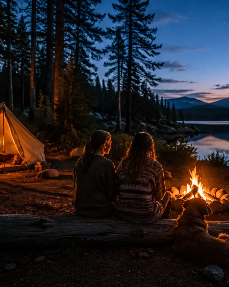 Two friends and a dog by a campfire beside a lake at dusk