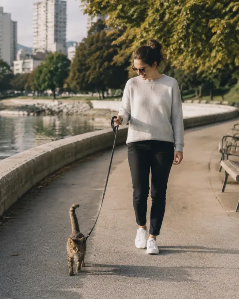 Someone walking a cat in a harness along a city waterfront in autumn