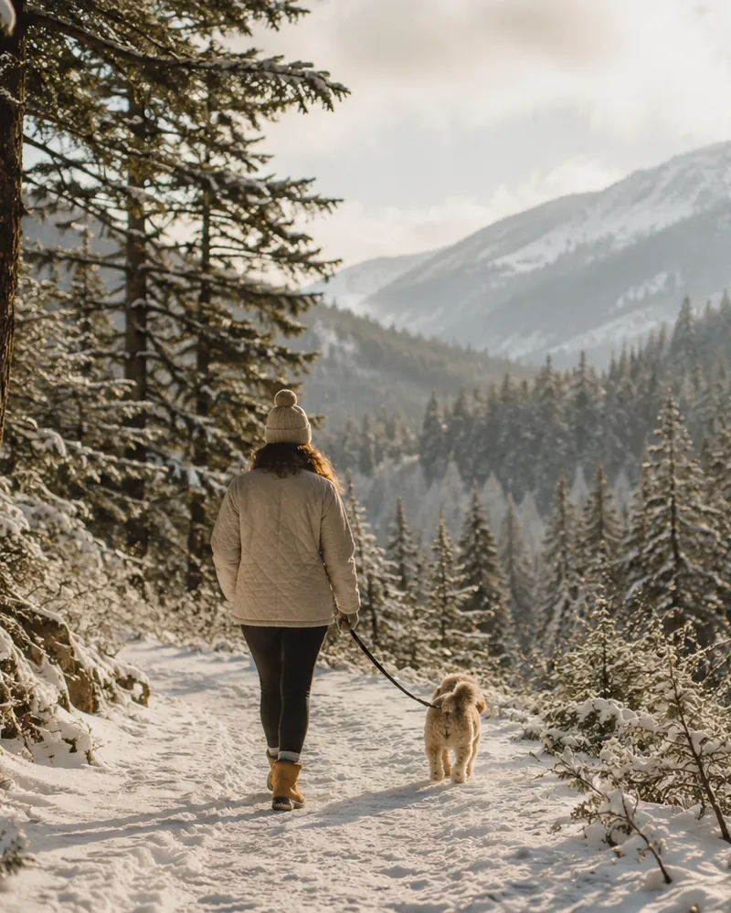 Someone walking a small dog on a snowy trail below the mountains