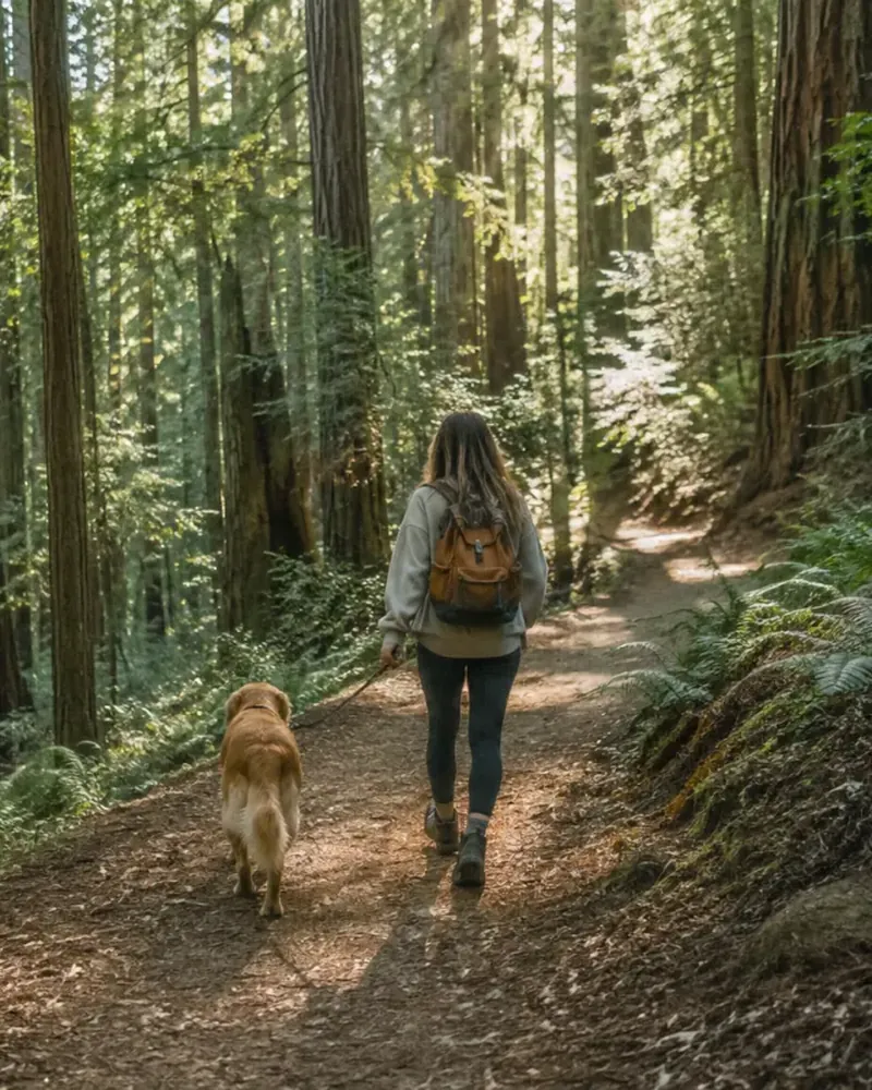 Someone walking a dog on a trail through tall redwoods