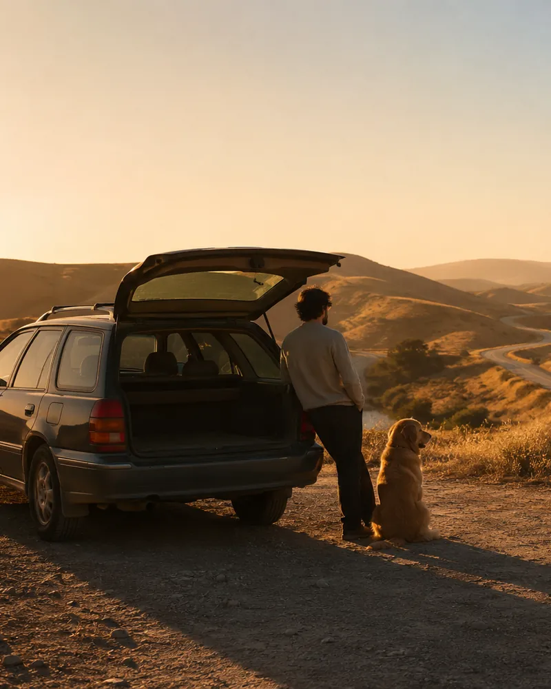Someone and a dog at an open tailgate above an empty road through golden hills