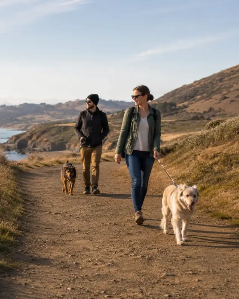 Two friends walking their dogs on a coastal trail