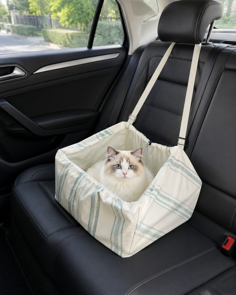 Cat resting in the Road Fold-Away Cat Litter Station on a parked car seat