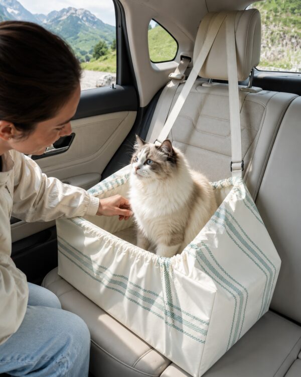 Traveler checking on a cat in a fold-away litter station during a parked road-trip break