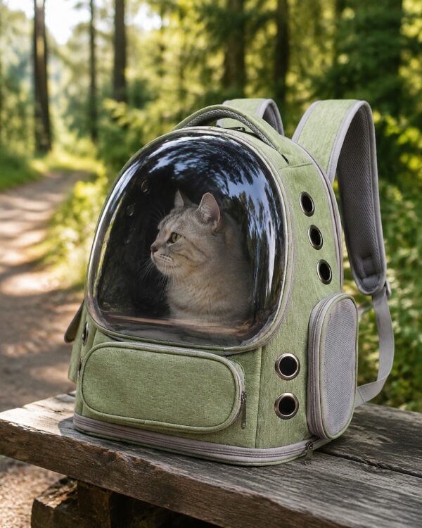 Cat sitting inside the Trail Dome-View Backpack Carrier in a forest