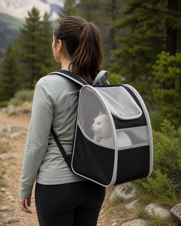 A woman hikes a mountain path wearing the mesh pet backpack with a white cat looking out.