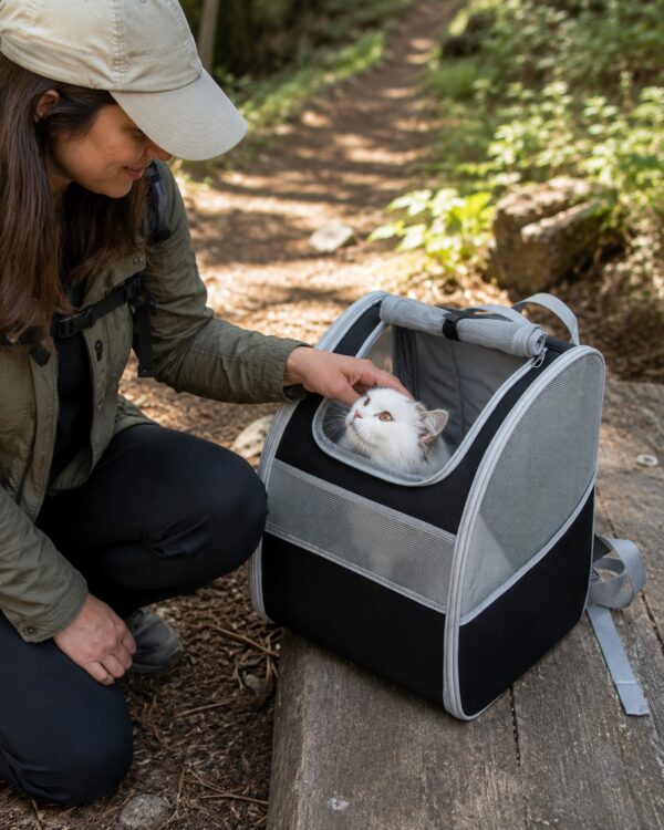 A woman in a cap opens the top of the mesh pet backpack to a white cat sitting inside on a trail.