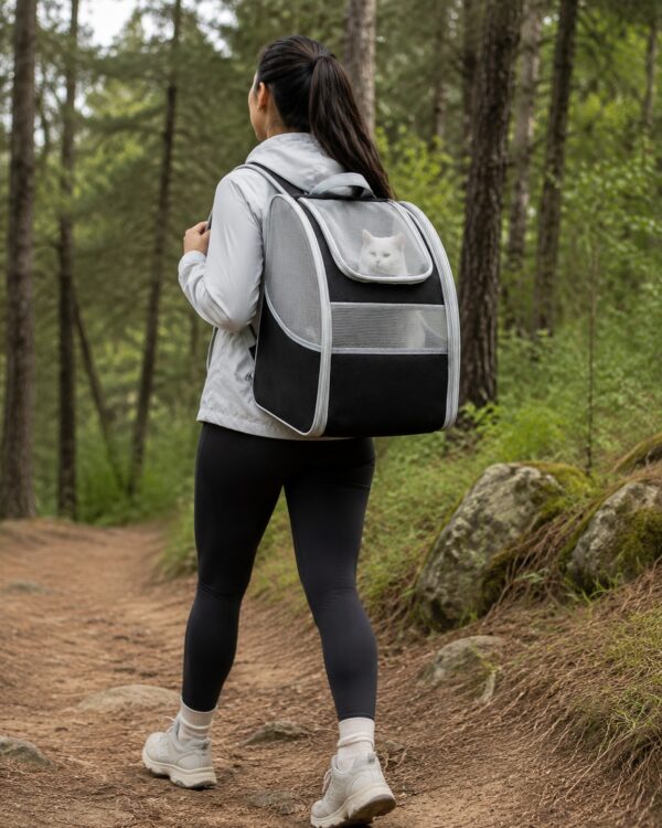 A woman walks a forest trail with the black mesh pet backpack on her back.