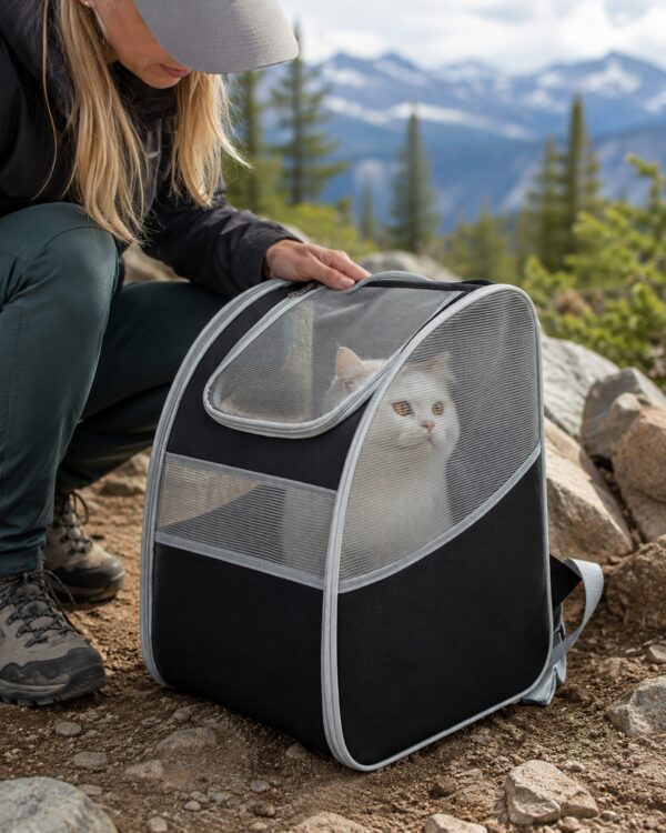 A woman reaches in to a tabby cat sitting inside the mesh pet backpack with mountains behind.