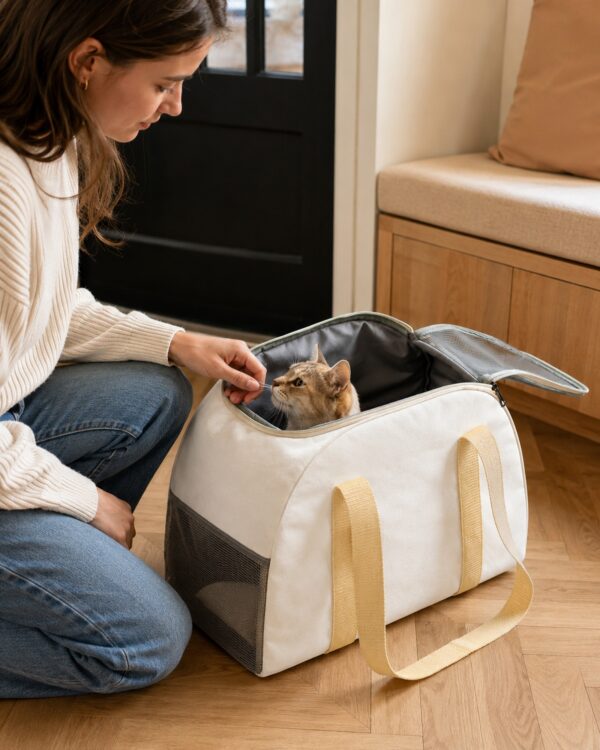 A woman opens the top of the cream pet carrier to a tabby cat inside on a wooden floor.