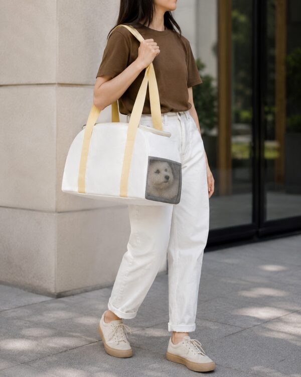 A ginger cat looks out of the mesh end of the cream carrier as a woman walks outdoors.