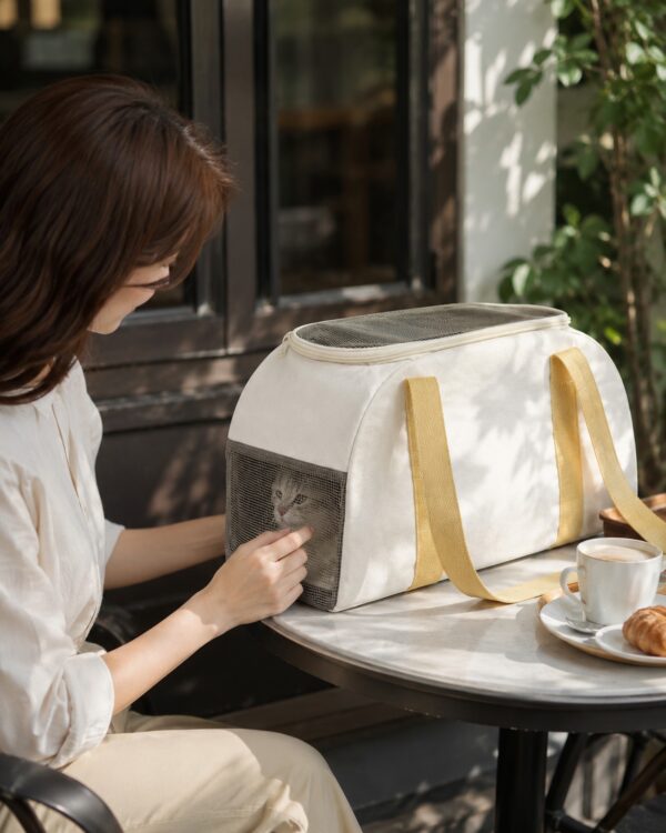 A woman reaches toward the mesh side of the cream pet carrier at an outdoor cafe table.