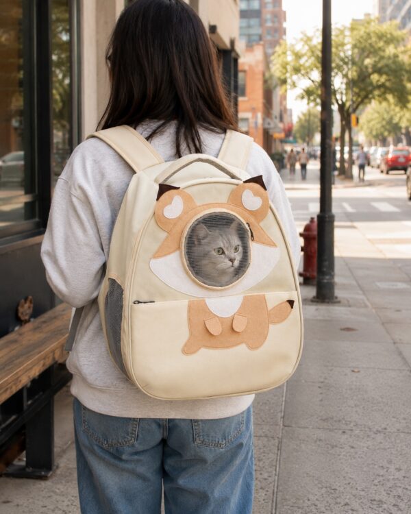 A cat looks out of the round porthole of the cream pet backpack as its owner walks a street.