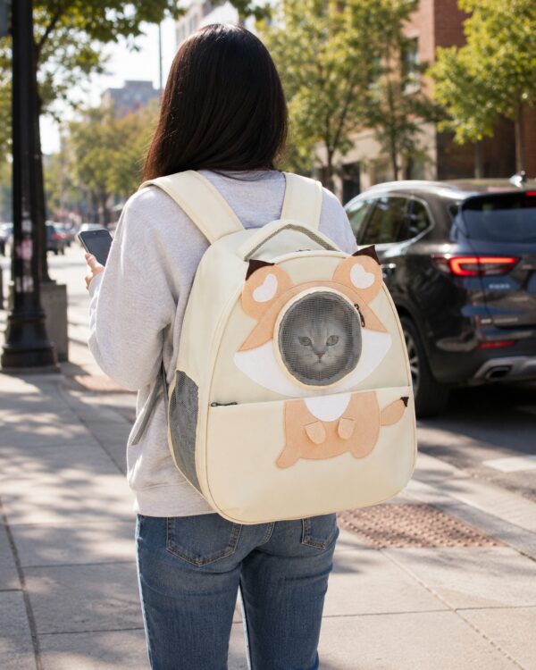 A cat watches the street from the porthole of the cream pet backpack on its owner's back.