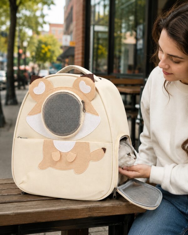 A woman opens a side pocket of the cream pet backpack at an outdoor cafe table.