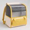 Grey and yellow pet backpack with mesh panels and a roll-up shade on a plain background.