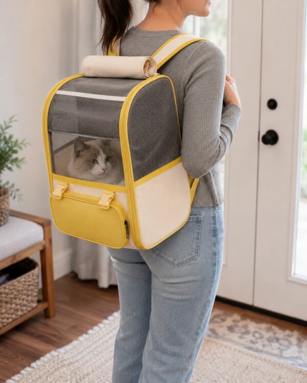 A woman wears the grey and yellow pet backpack indoors with a fluffy cat inside.
