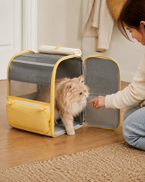 A ginger cat steps out of the open front of the grey pet backpack as a woman kneels beside it.