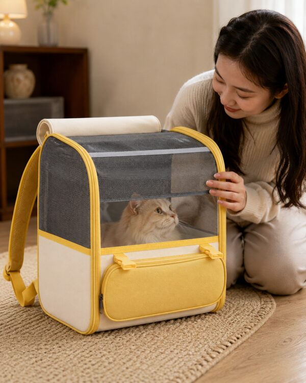 A woman opens the front panel of the grey pet backpack to the ginger cat inside.