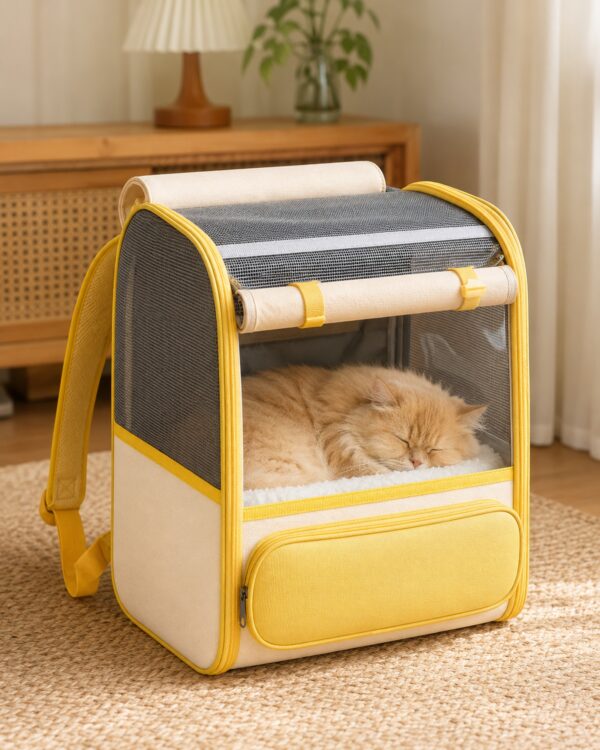 A ginger cat lies curled inside the grey and yellow pet backpack on a rug.