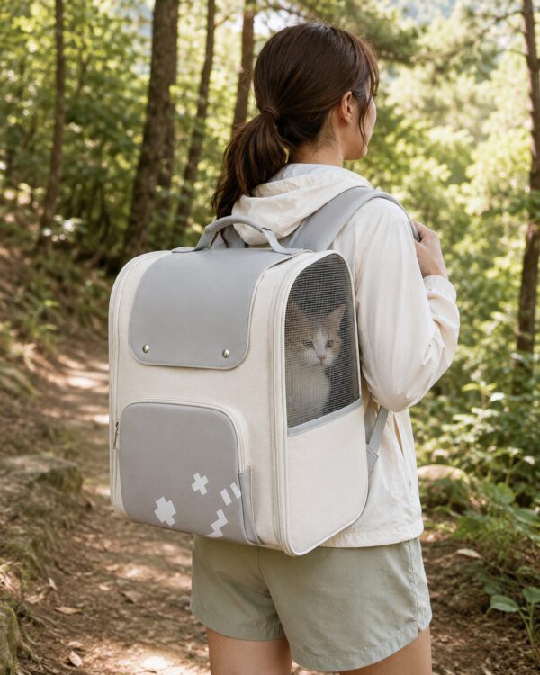 A woman walks through the woods with a cat riding in the white pet backpack carrier.