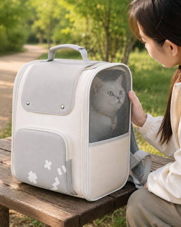 A woman turns to look at the tabby cat riding in her white pet backpack carrier.