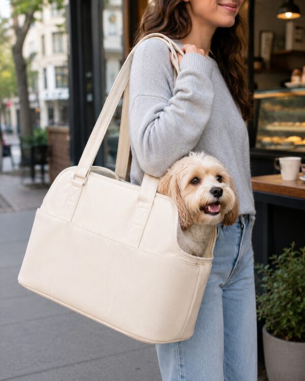 A small fluffy dog looks out of the cream pet tote carried on a woman's shoulder in a street.