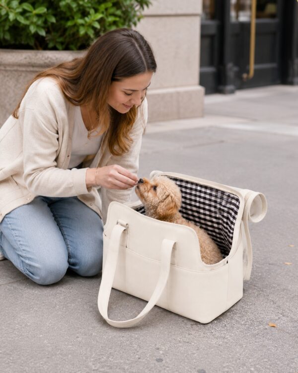 A woman opens the mesh roof of the cream pet tote to the small dog inside on a pavement.